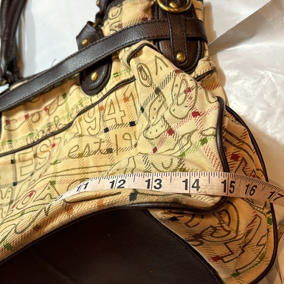 Coach BEIGE brown Tattersall Graffiti TOTE BAG PURSE 2 handles multi pockets 15” - Picture 9 of 16